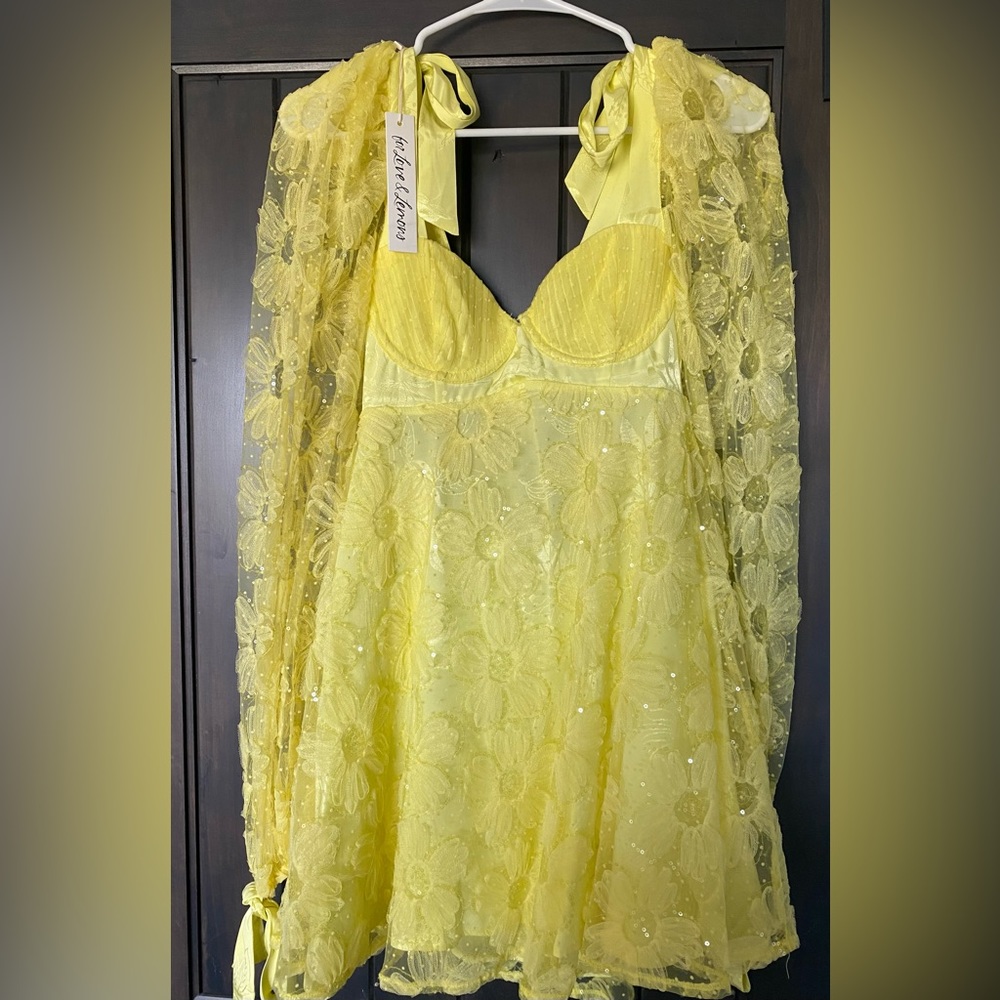 For Love & Lemons Yellow Floral Lace Mini Dress